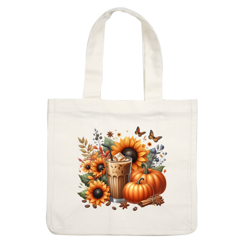 A refreshing iced coffee surrounded by autumn leaves, sunflowers, and pumpkins, perfect for the fall season. dtf transfers dtf transfers