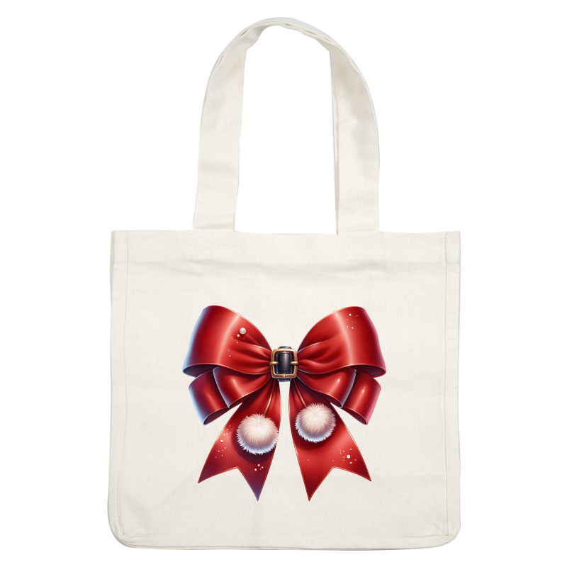 Un lazo rojo festivo con una hebilla brillante y pompones blancos esponjosos, perfecto para decoraciones navideñas.