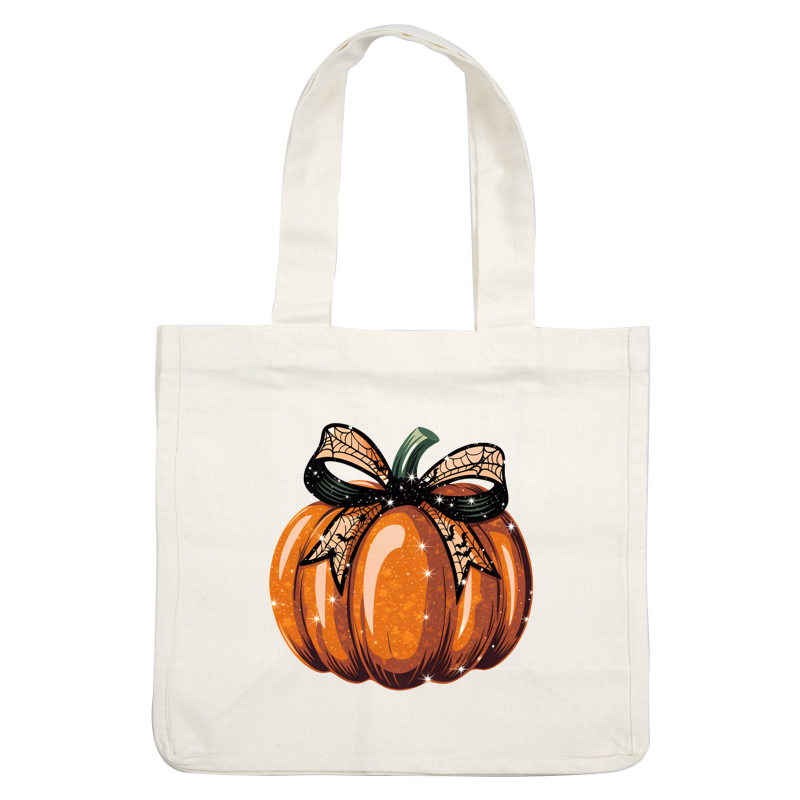A shimmering orange pumpkin adorned with a black spider web bow, perfect for adding a festive touch to Halloween decor! dtf transfers