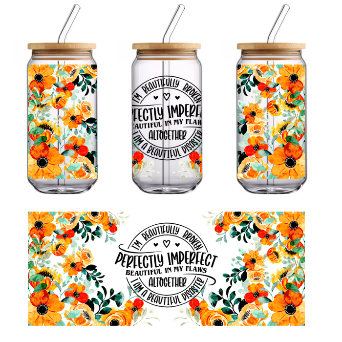 Floral print with bright colors on a black background.UV Transfers