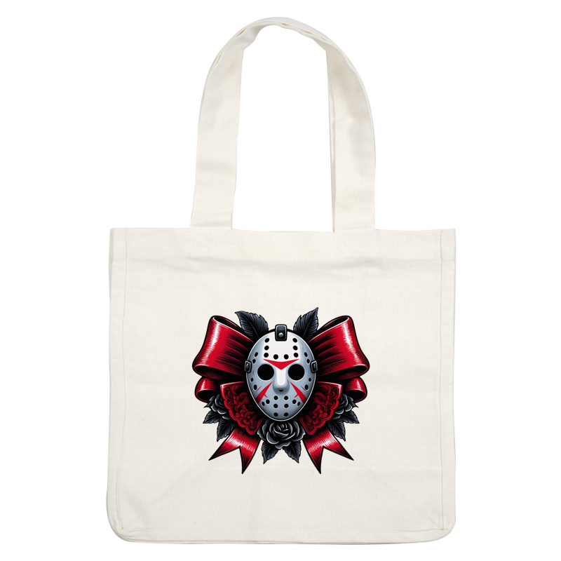 Un gráfico llamativo que presenta una máscara de hockey adornada con rosas rojas y negras y un atrevido fondo de cinta roja.