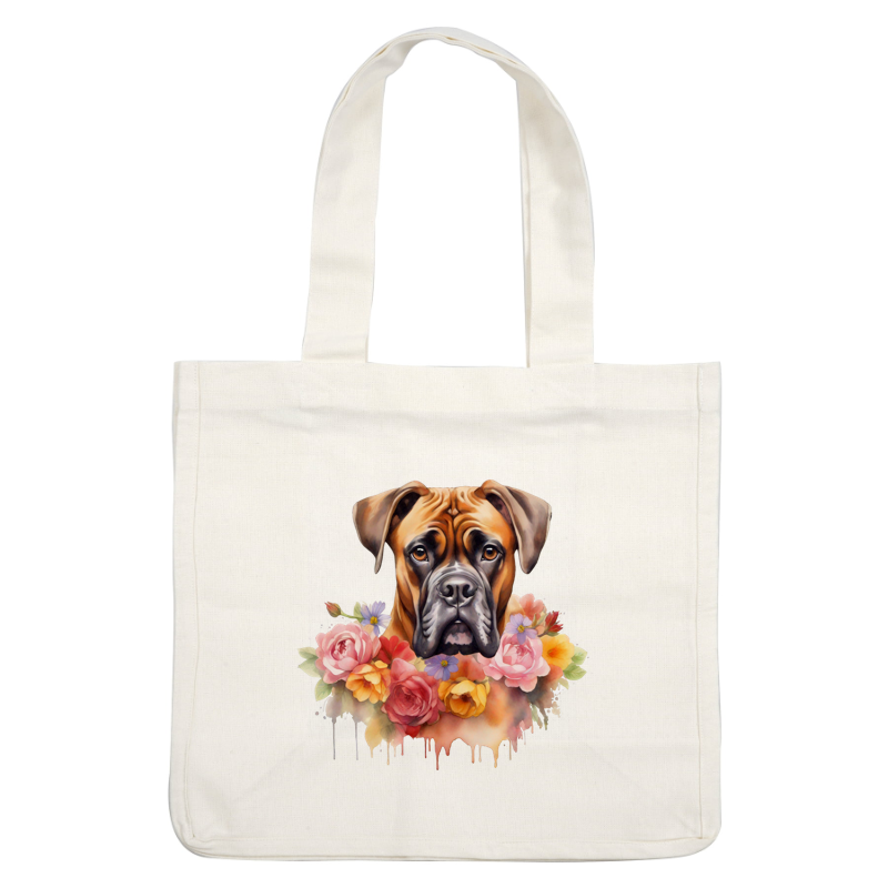 A beautifully detailed illustration of a boxer dog adorned with a vibrant floral crown, featuring roses and bright blossoms. dtf prints