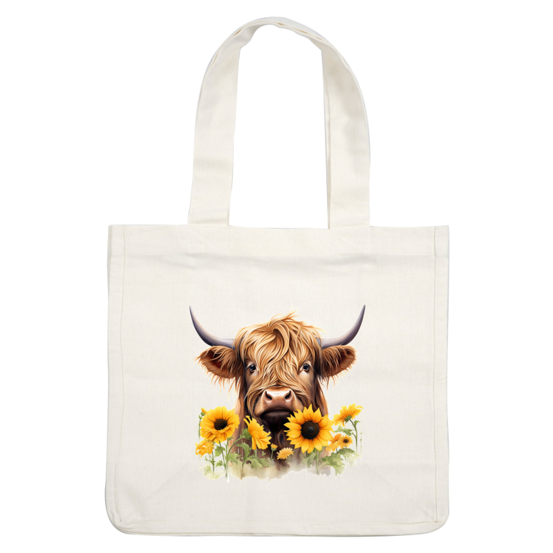 A charming Highland cow with long, flowing fur surrounded by vibrant sunflowers, capturing a cheerful and rustic essence. dtf transfers