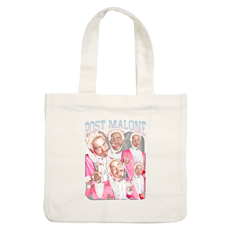 Colorful collage of Post Malone, featuring him in a pink suit, smiling and celebrating in various playful poses.DTF Transfers heat press transfers