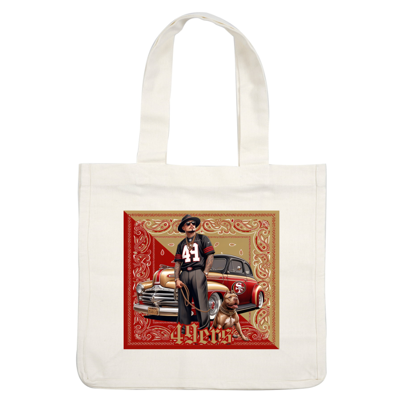A stylish figure in a 49ers jersey stands beside a vintage car, holding a leash attached to a pit bull. dtf prints
