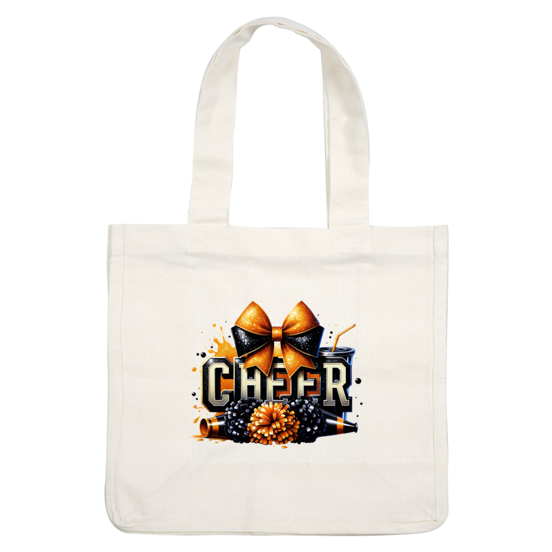 Diseño vibrante "CHEER" con un lazo dorado, pompones y una bebida, perfecto para celebraciones y eventos festivos. Transferencias DTF