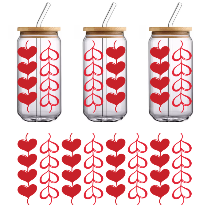 Un patrón vibrante que presenta corazones rojos entrelazados con hojas, perfecto para temas románticos o proyectos decorativos. Transferencias UV