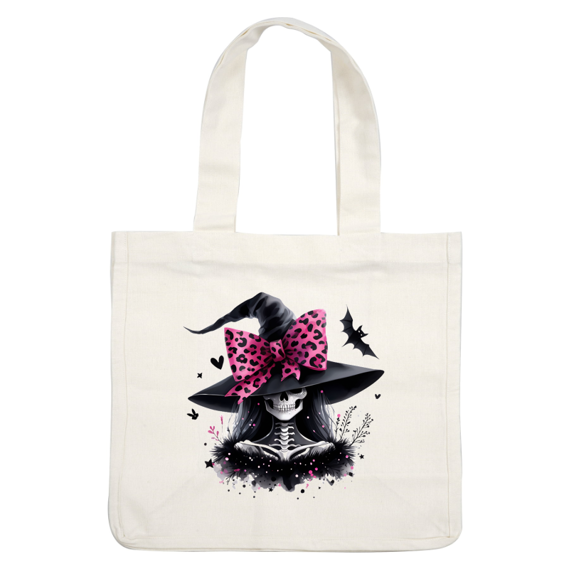 A stylish skeleton character wearing a large pink leopard-print bow and witch's hat, adorned with floral accents and bats. dtf prints