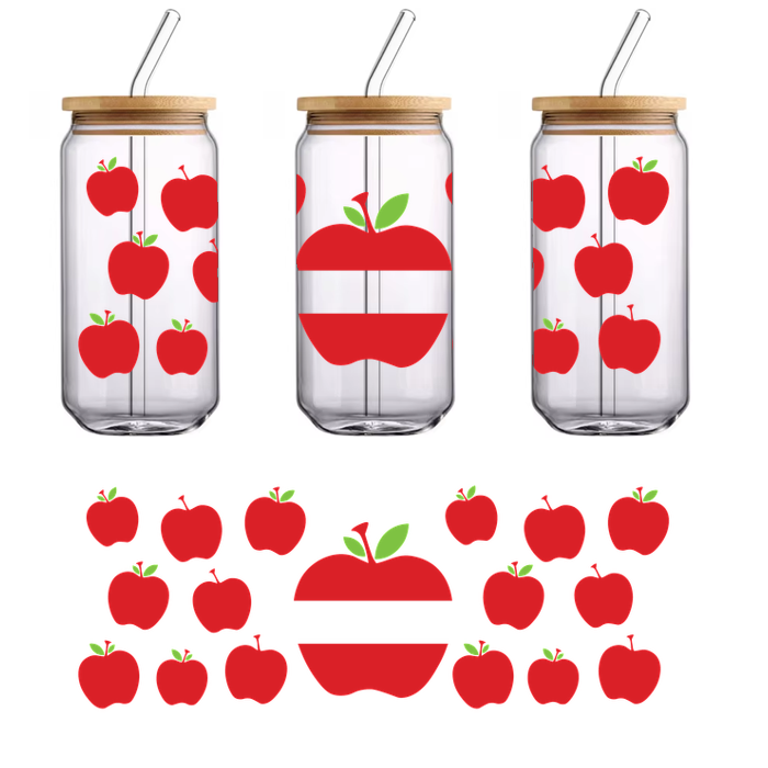 Una vibrante colección de manzanas rojas que presenta una manzana central estilizada con hojas verdes, ¡perfecta para un diseño frutal! Transferencias UV