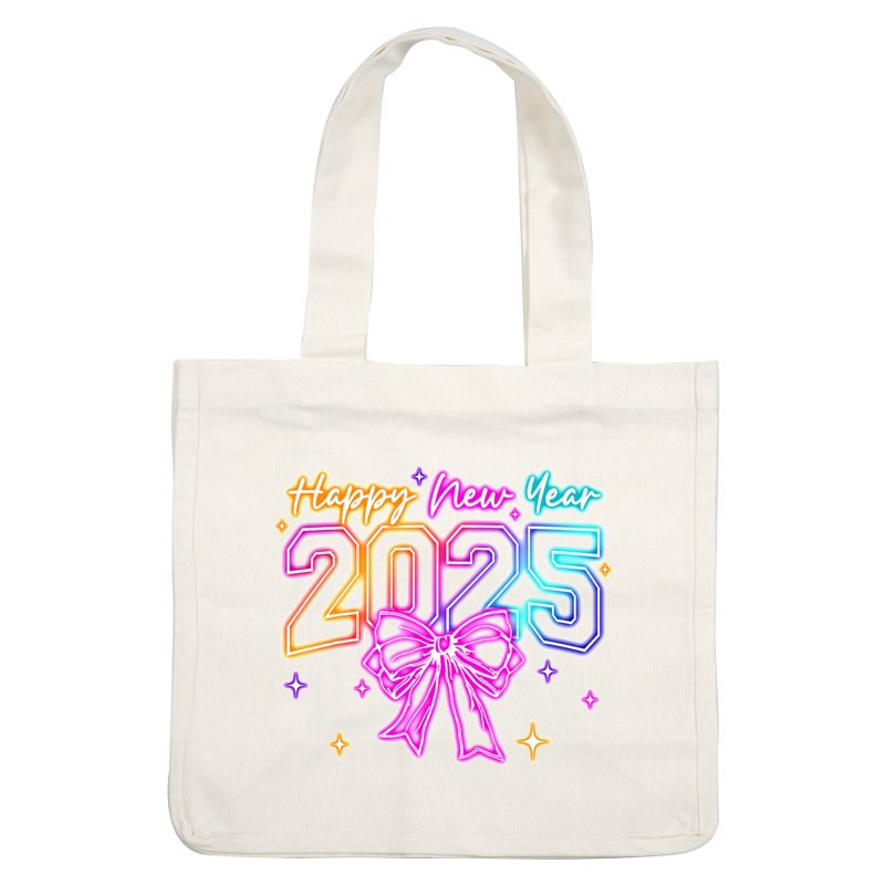 Celebrate the arrival of 2025 with this vibrant "Happy New Year" design featuring colorful numbers and a festive bow!DTF Transfers dtf prints