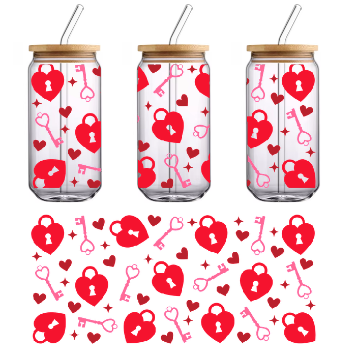 A green sign with shiny red hearts and keys.UV Transfers