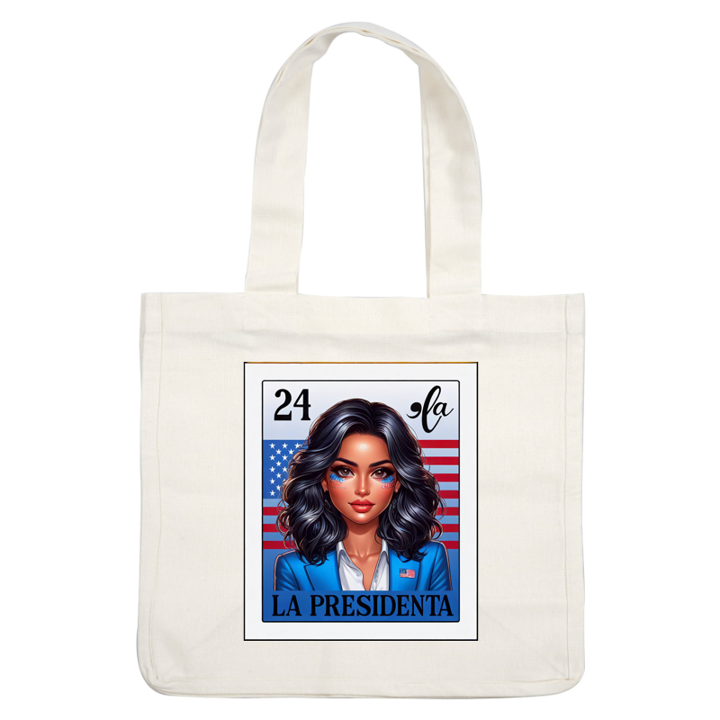 A vibrant illustration featuring a confident woman in a blue suit with an American flag backdrop, labeled "La Presidenta." dtf prints