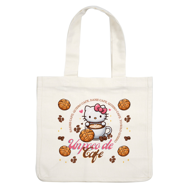 A cute illustration featuring Hello Kitty enjoying a cup of coffee, surrounded by coffee beans and sweet treats, with playful text.DTF Transfers dtf transfers