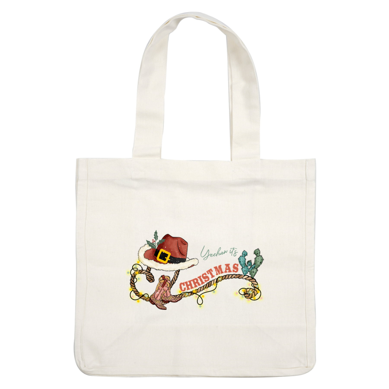 Este diseño festivo presenta un sombrero de vaquero, botas y cactus, combinando el estilo occidental con un alegre tema navideño.