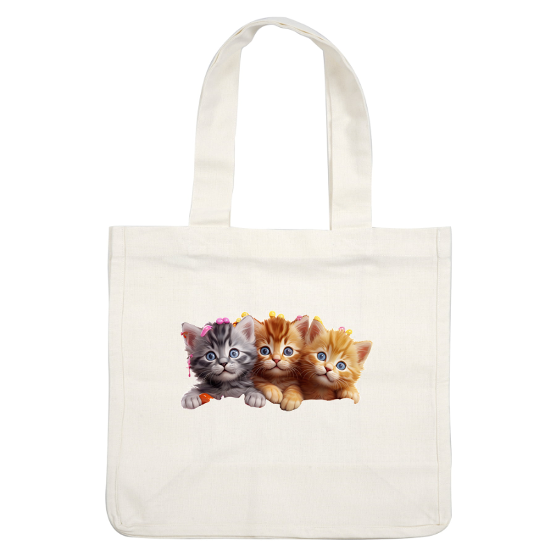 Three adorable kittens with different fur colors, wearing cute hair accessories and displaying charming expressions, perfect for a playful vibe!