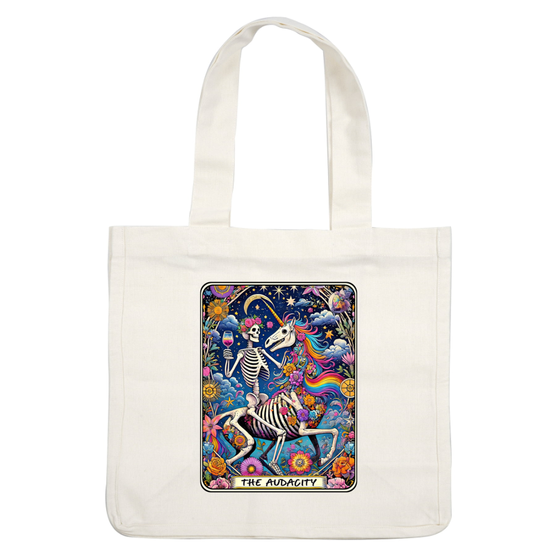 A vibrant illustration featuring a skeleton and a unicorn in a floral fantasy, titled "The Audacity." dtf transfers