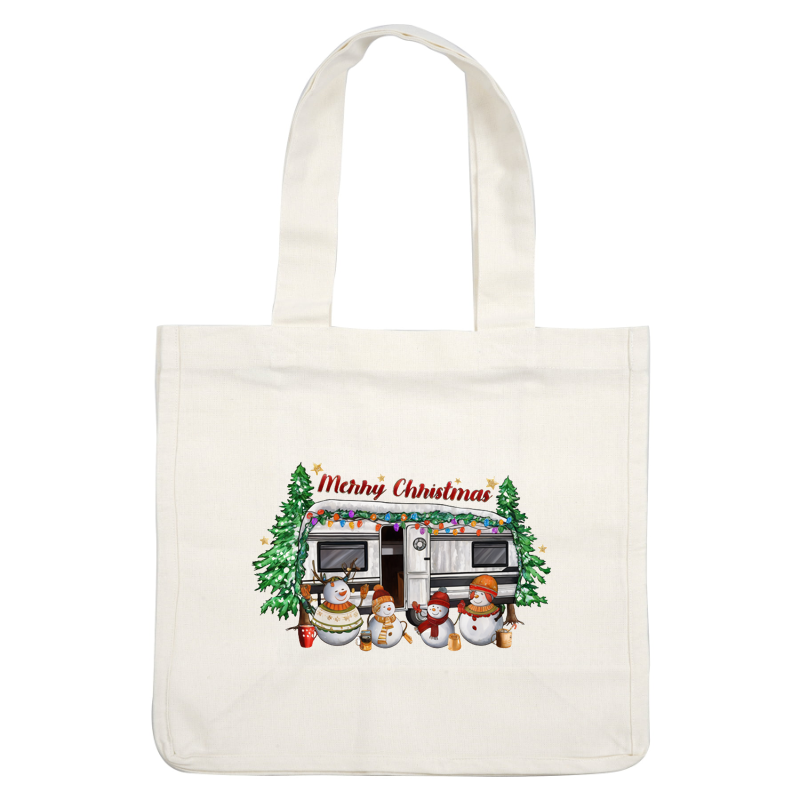 A festive scene featuring a decorated camper, cheerful snowmen, and Christmas trees, celebrating the holiday spirit with joy. dtf prints