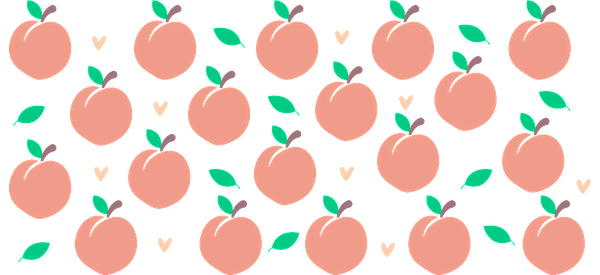 Un patrón encantador que presenta duraznos, hojas y corazones, creando un diseño divertido y vibrante perfecto para varios proyectos creativos. Transferencias UV