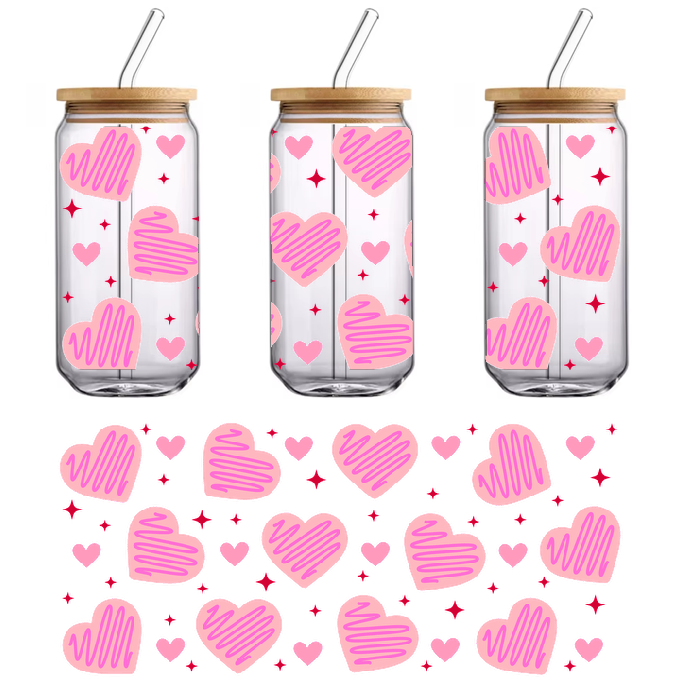 A black and white repeated pattern of hearts and flowers.UV Transfers