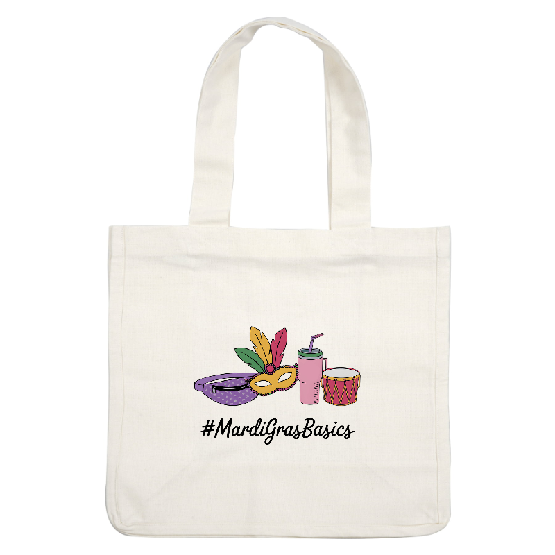 Celebrate Mardi Gras with a vibrant mask, colorful fanny pack, refreshing drink, and a playful drum! #MardiGrasBasicsDTF Transfers