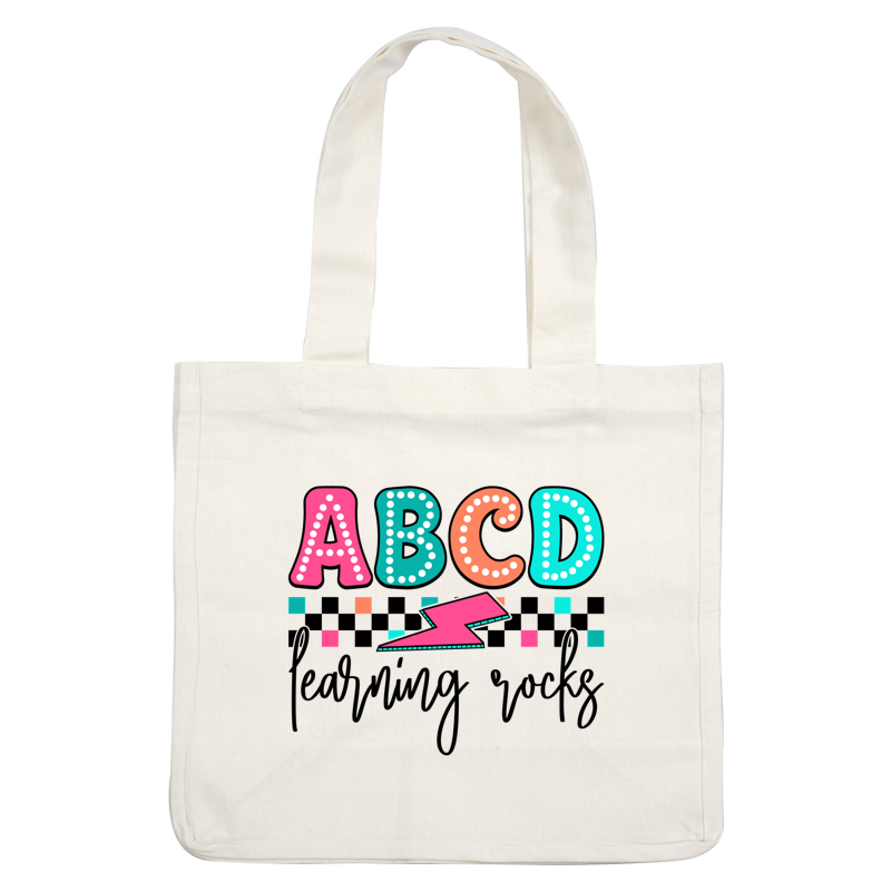 Colorful and playful "ABCD" lettering with lightbulb accents, featuring vibrant colors and a lightning bolt detail beneath.DTF Transfers