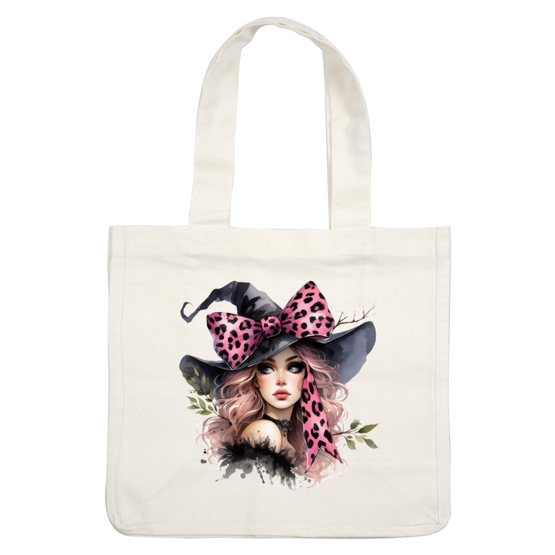 A fashionable witch with long, wavy hair, wearing a black hat adorned with a bold leopard print bow and decorative foliage. dtf prints