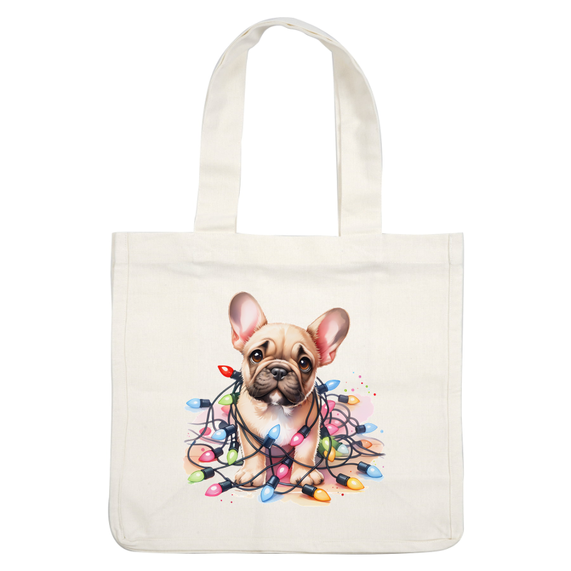 A playful French Bulldog surrounded by colorful holiday lights, exuding charm and festive spirit. dtf prints