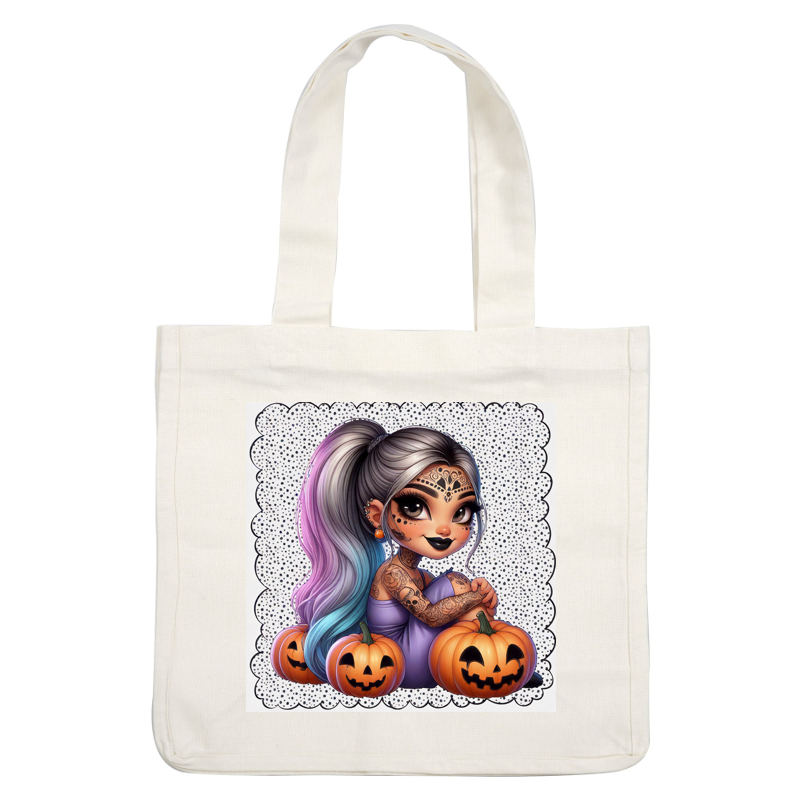 A charming Halloween-themed illustration featuring a girl with colorful hair and intricate tattoos, surrounded by playful jack-o'-lanterns. dtf printsdtf regular iron