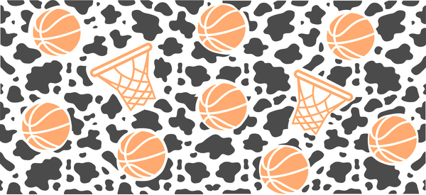 Una ilustración animada con balones de baloncesto y aros de baloncesto de color naranja, perfecta para diseños o decoraciones con temática deportiva. Transferencias UV
