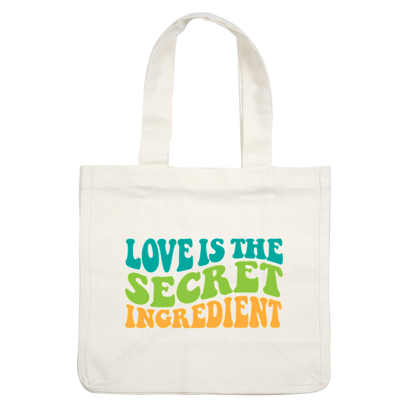 Un diseño colorido y divertido que presenta la frase "El amor es el ingrediente secreto", perfecto para agregar calidez a cualquier cocina.