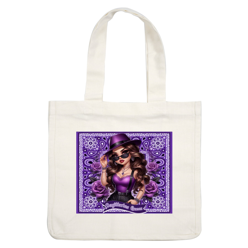 A stylish animated character in purple attire and sunglasses strikes a pose against a floral purple background, exuding confidence. heat press transfers