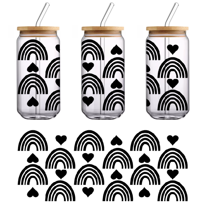 Silhouette rainbows and hearts wall decals on green background.UV Transfers