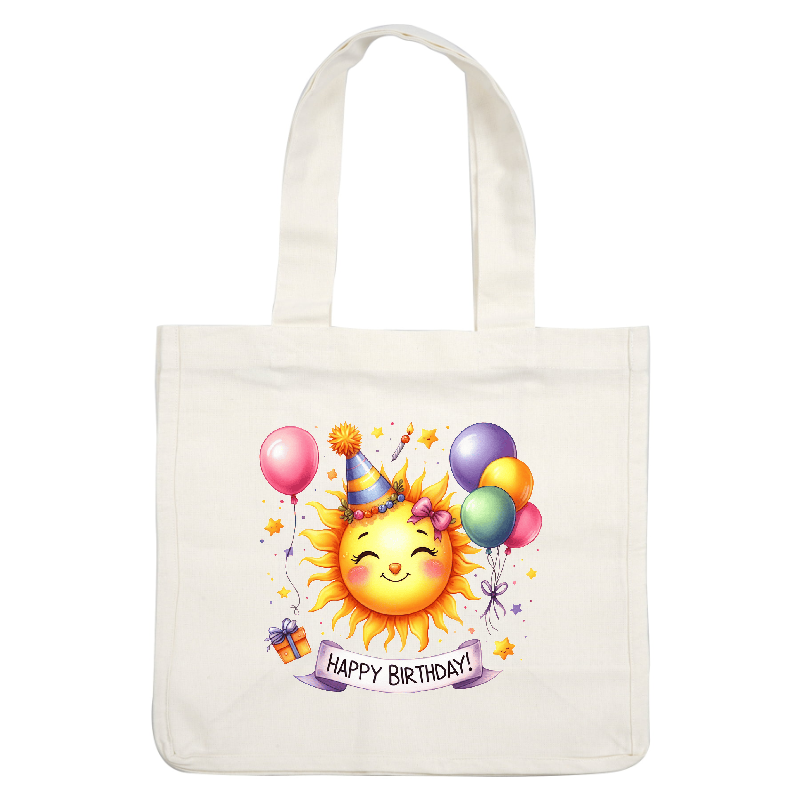A cheerful cartoon sun with a party hat, surrounded by balloons and a gift, celebrates with a "Happy Birthday!" banner.DTF Transfers