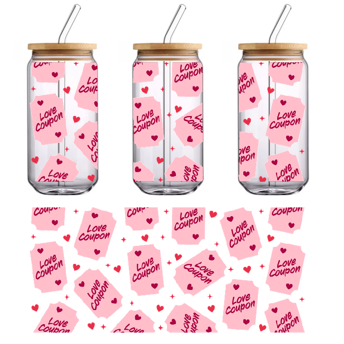 Love coupons on a green background with red hearts.UV Transfers