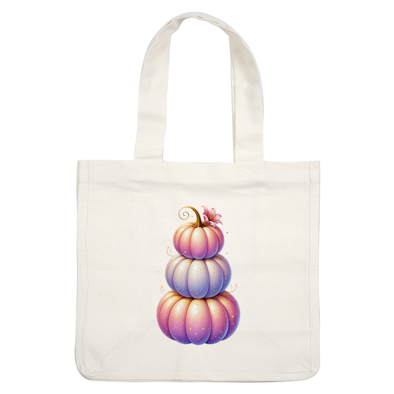 Un trío caprichoso y apilado de calabazas de colores pastel adornadas con brillos y una delicada flor en la parte superior.