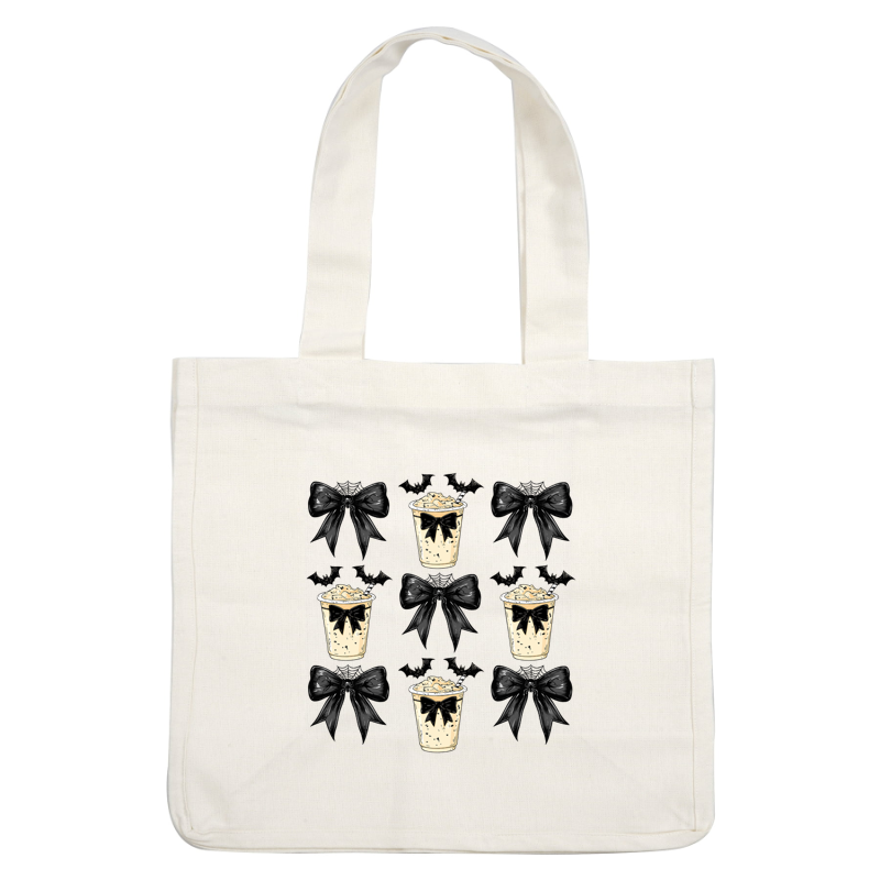 Un patrón divertido que presenta tazas cubiertas con crema batida y lazos negros, acentuados por murciélagos extravagantes, perfectos para una decoración festiva.