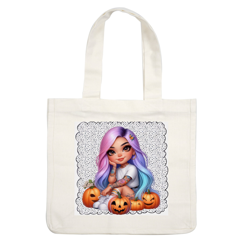 A cute, colorful character with vibrant pink and blue hair, surrounded by playful pumpkins, is ready for a fun fall celebration! dtf prints