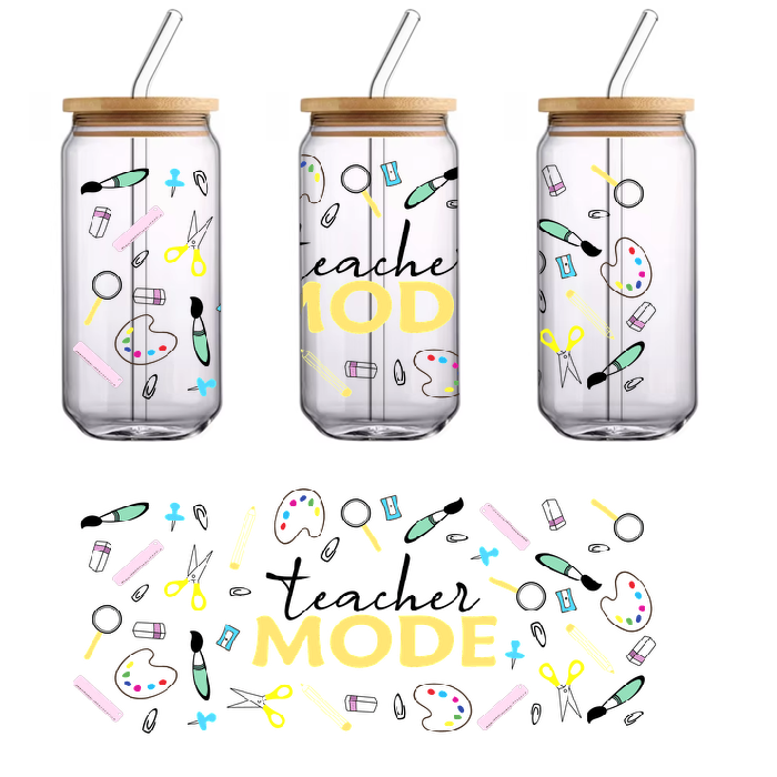 A light colored short sleeve top with a teacher mode graphic print.UV Transfers