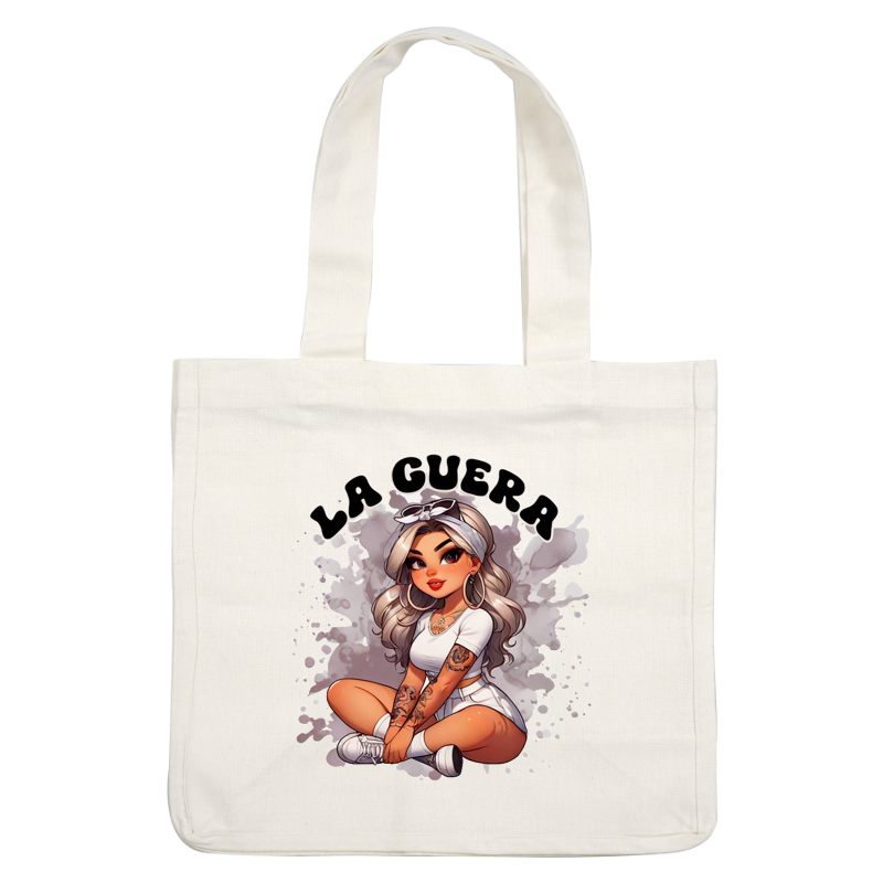 A stylish cartoon girl with long, wavy hair, wearing a white outfit and tattoos, accompanied by the text "LA GUERRA." dtf prints