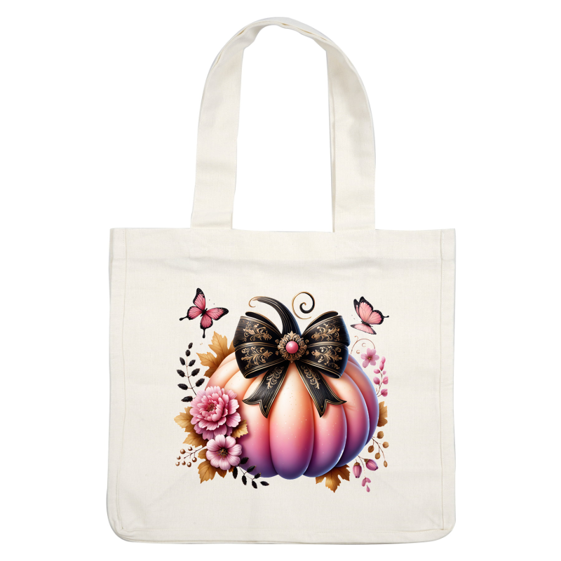 A beautifully designed pink pumpkin adorned with a black ornate ribbon and surrounded by vibrant flowers and butterflies. heat press transfers