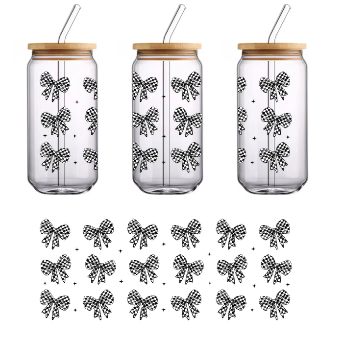 A green background with twelve black and white checked bows.UV Transfers