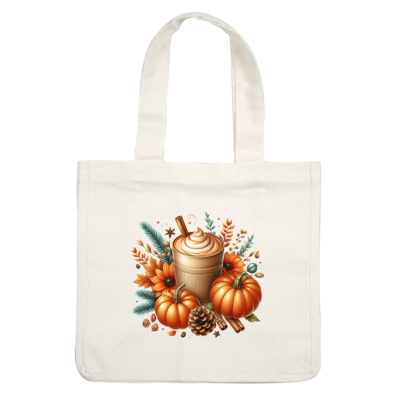 A cozy autumn-inspired illustration featuring a pumpkin spice drink, surrounded by pumpkins, sunflowers, and vibrant fall foliage. dtf transfers