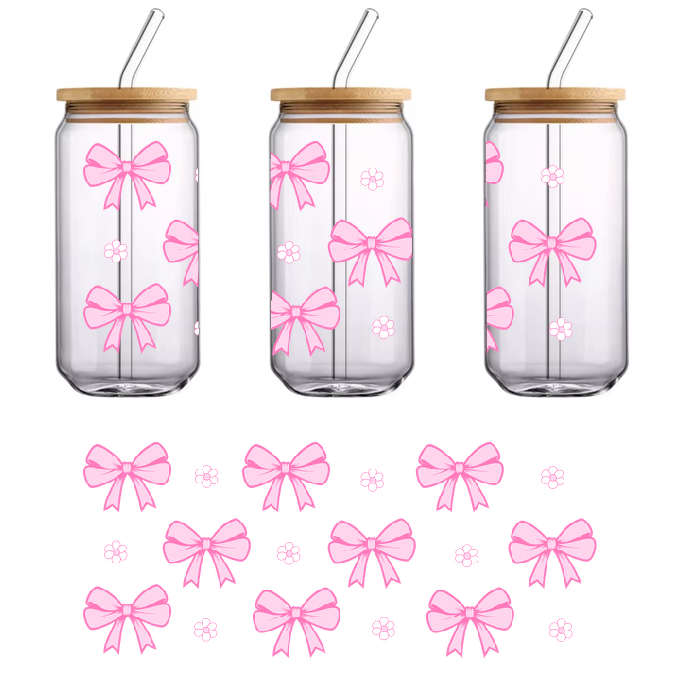 A pattern of pink bows and white star-like accent pieces.UV Transfers