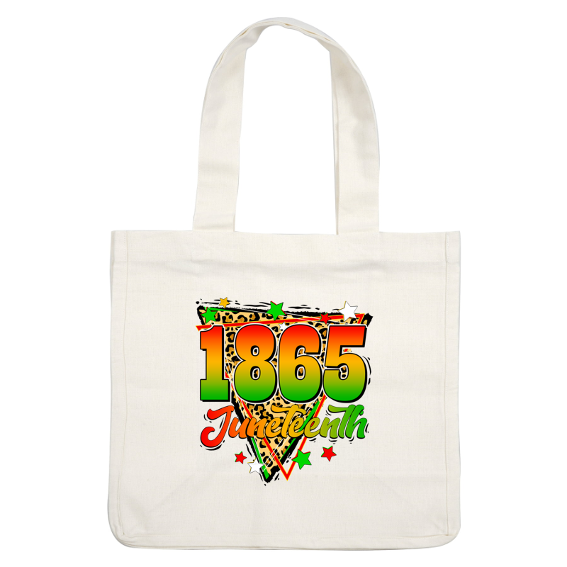 A vibrant design celebrating Juneteenth, featuring the year "1865" with bold colors, animal print, and festive stars. dtf prints