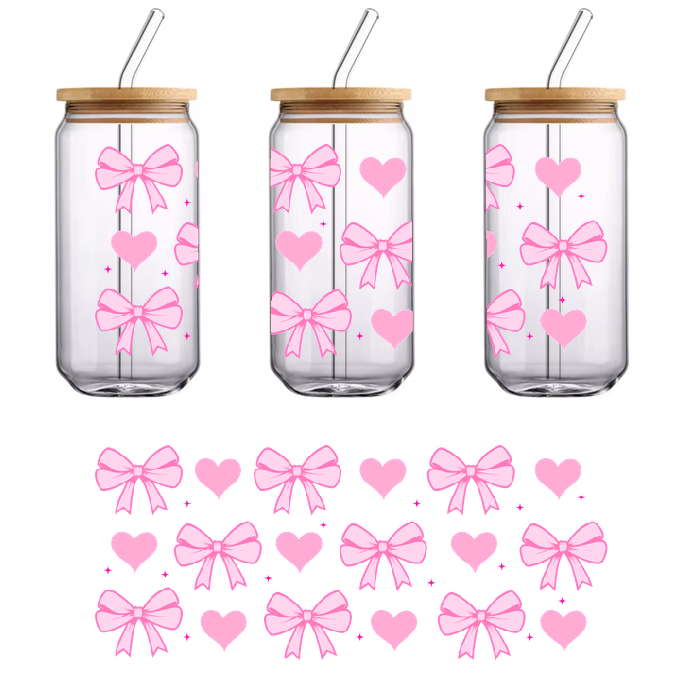 A cute design of pink bows and hearts on a green background.UV Transfers