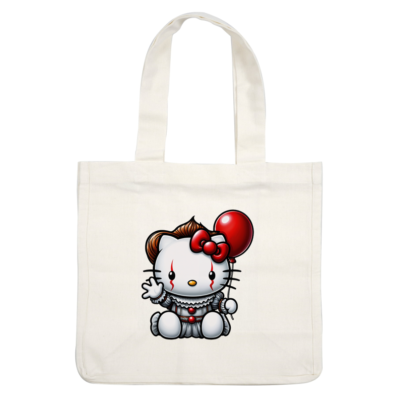 Esta divertida ilustración presenta una linda Hello Kitty vestida de payaso, con un globo rojo y detalles extravagantes. Transferencias DTF