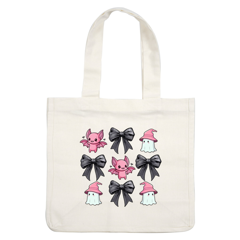 Un patrón divertido que presenta lindos murciélagos rosados, adorables fantasmas y elegantes lazos negros, perfecto para una temática de Halloween caprichosa.