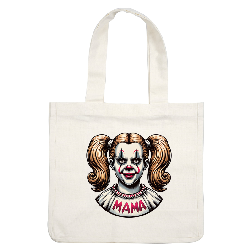 A creepy clown illustration featuring a girl with pigtails, painted face, and a dress labeled "MAMA". heat press transfers