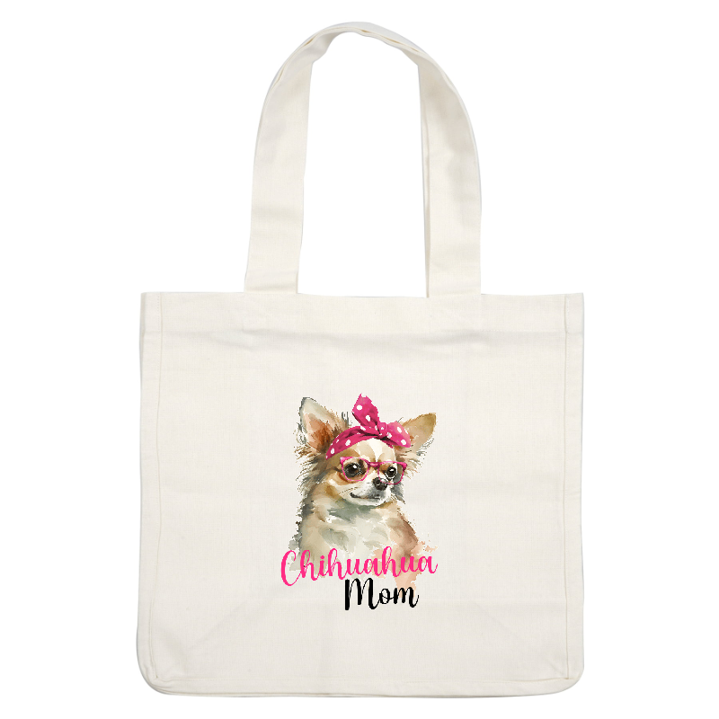 A cute chihuahua with glasses and a polka dot bow on its head.DTF Transfers