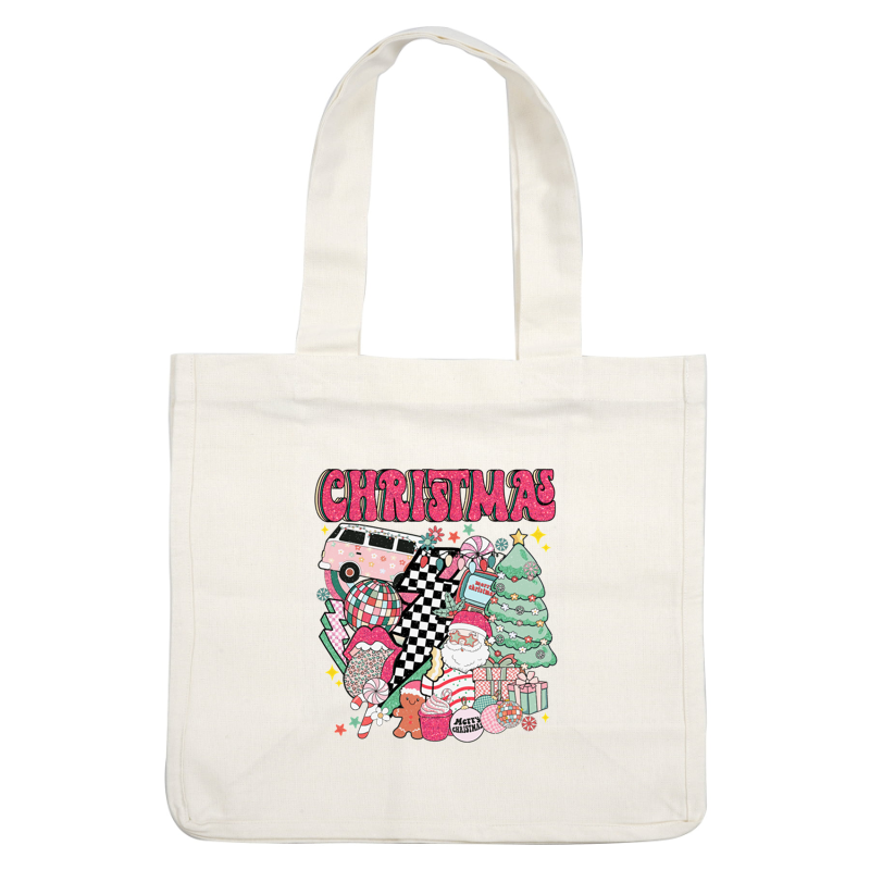 A colorful and whimsical Christmas design featuring Santa, a festive tree, gifts, candy, and a vintage van. dtf prints